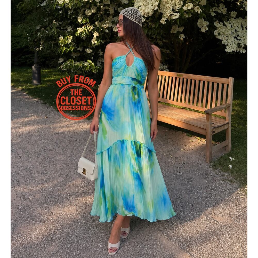 Mango NWT Blue Watercolor Halter Pleated Maxi Dress 6 8 - Picture 6 of 16